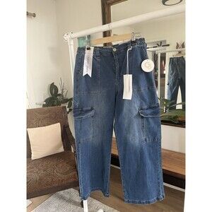 GOGO Women’s Blue High Rise Cargo Denim Jeans Wide Leg Skater Y2K Baggy Size 17